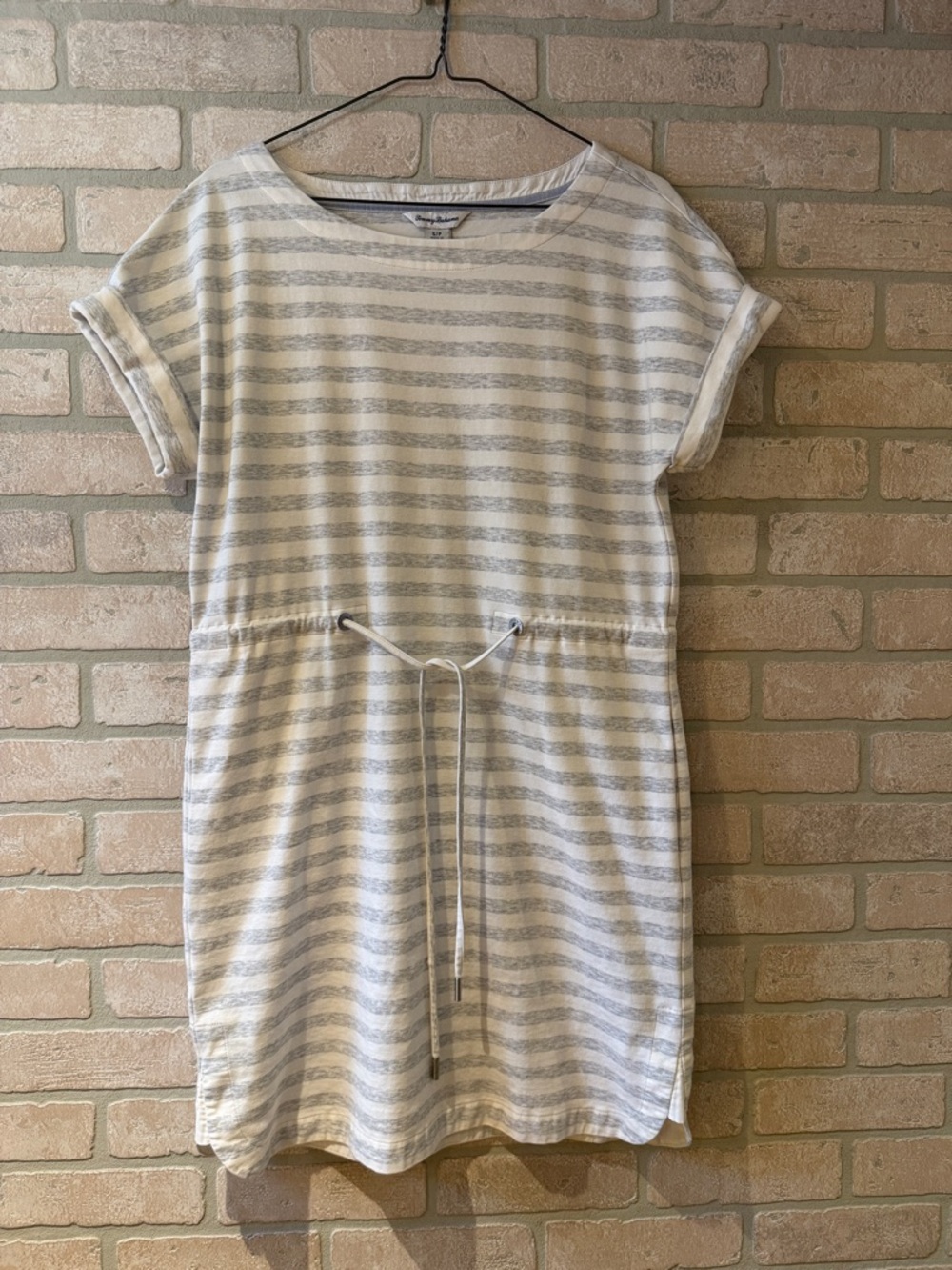 Tommy Bahama White & Gray Striped Drawstring Tunic Dress with Pockets